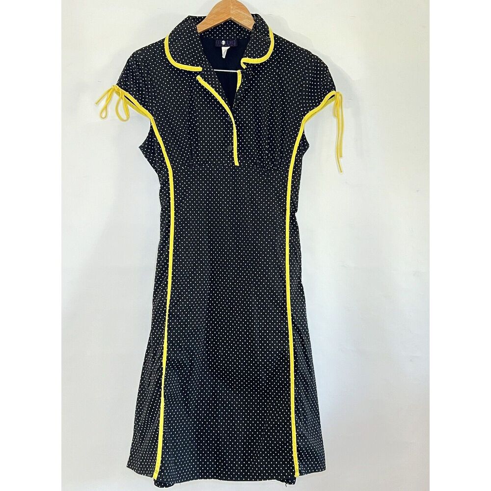 VTG Morbid Threads Y2K Black Polka Dot Dress W Yellow Trim